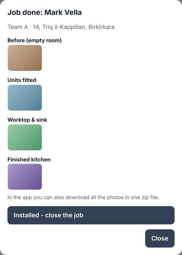 Checking the photos of a finished job before pressing Installed