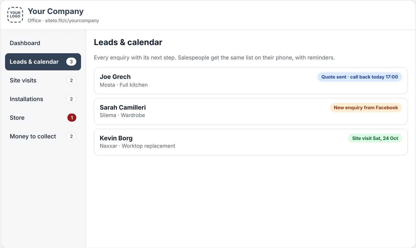 Leads and calendar screen listing enquiries with their next step
