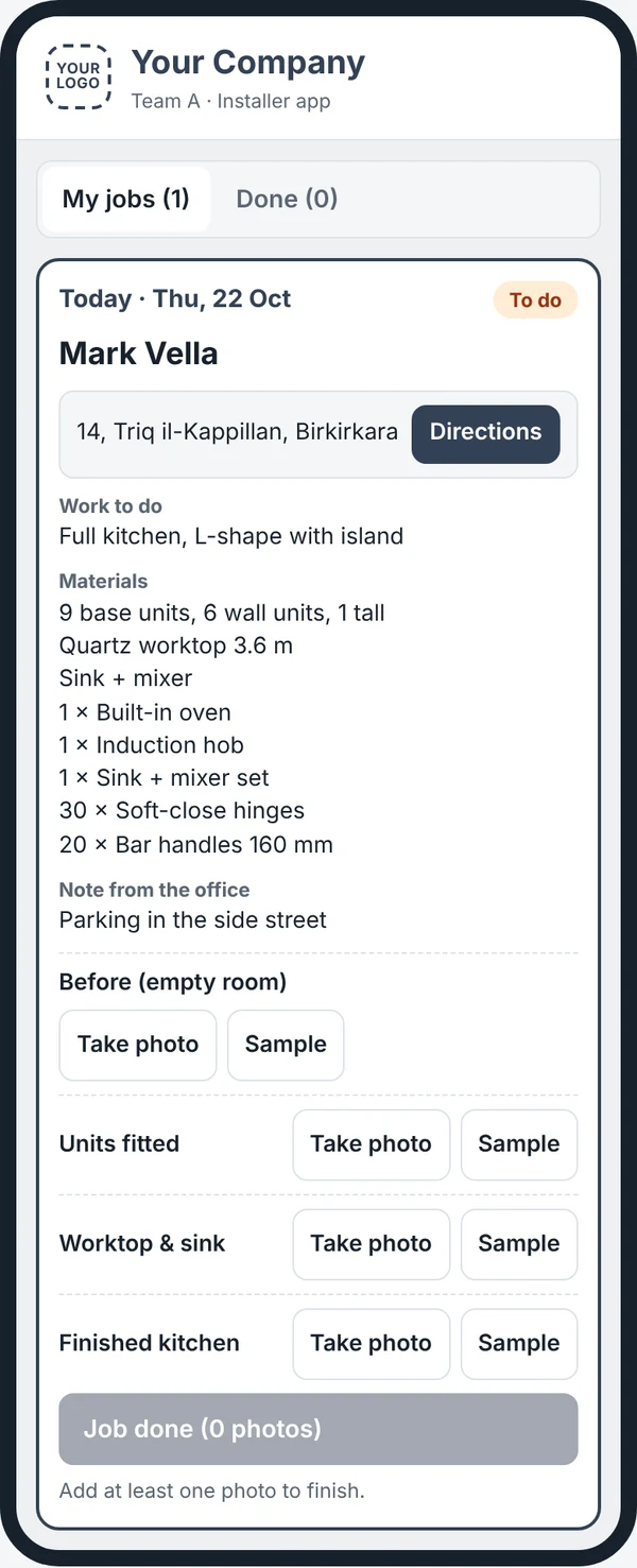 The installer's phone: today's job with the address, directions, materials and photo boxes