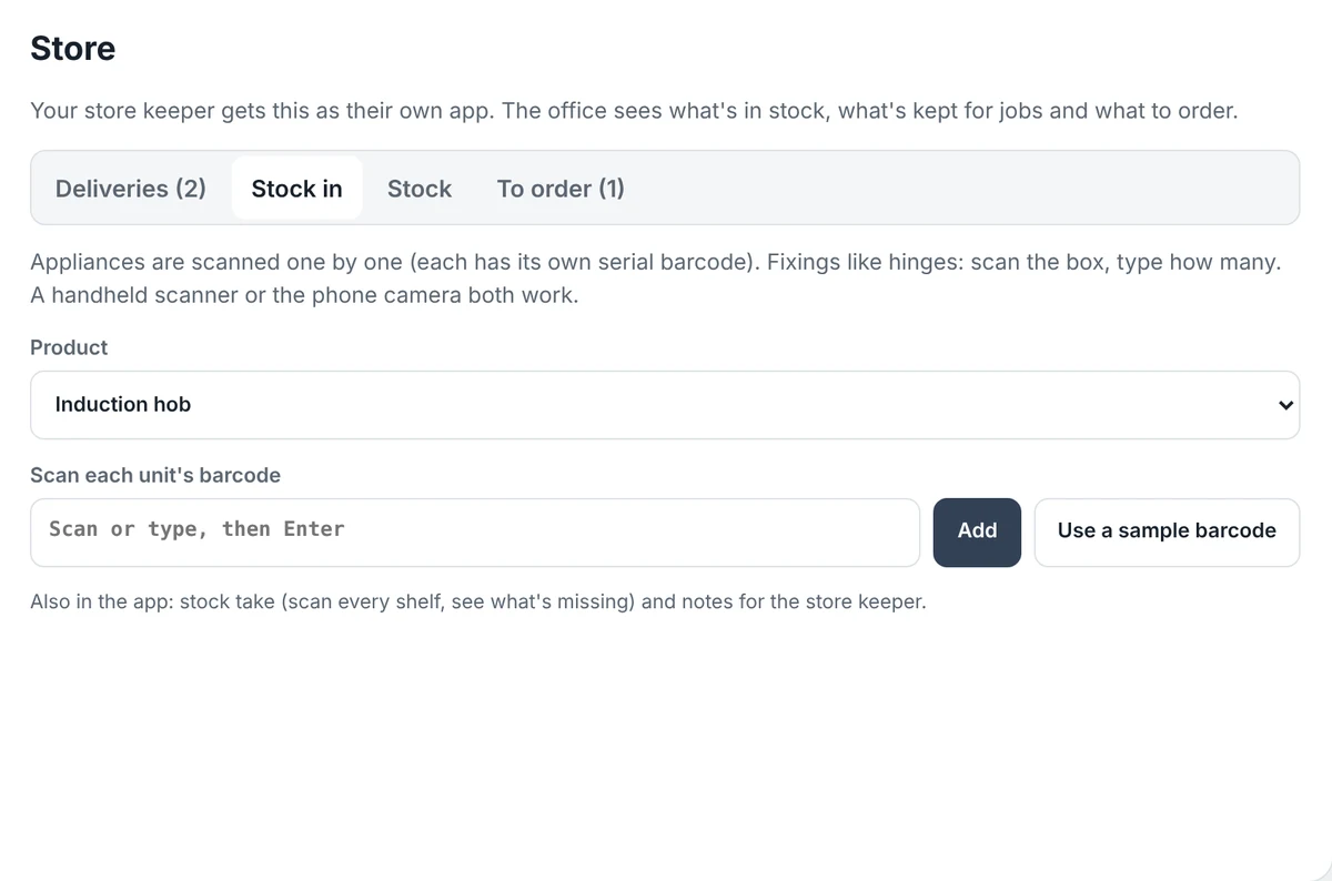 Stock in screen for scanning new items into the store